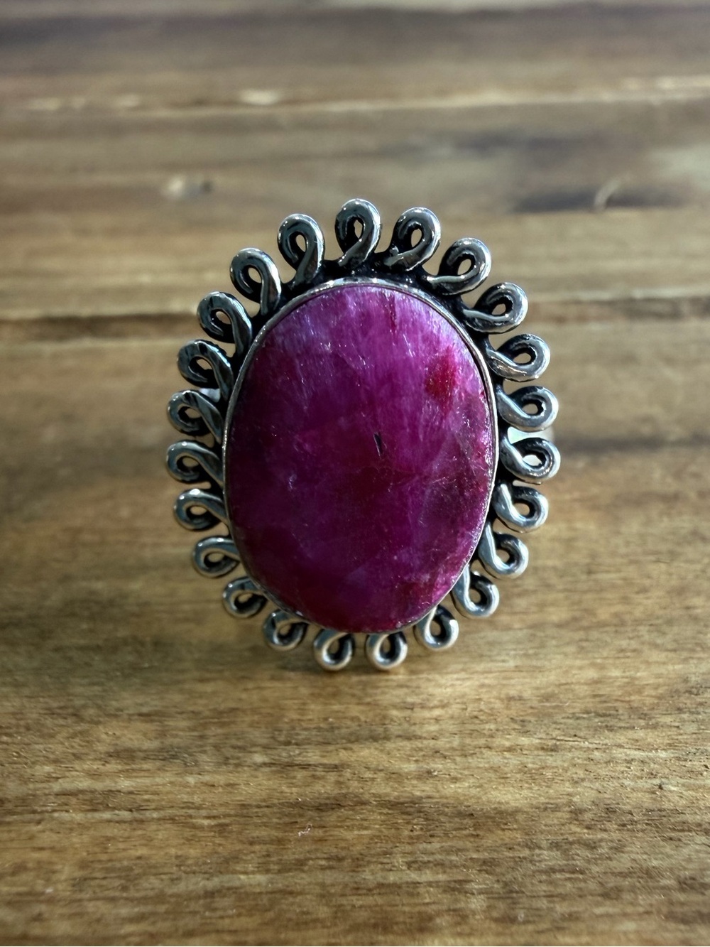 Ruby Stone Crystal Gemstone Ring Size 8.5 Silver 925 Plated Vintage Boho Gypsy